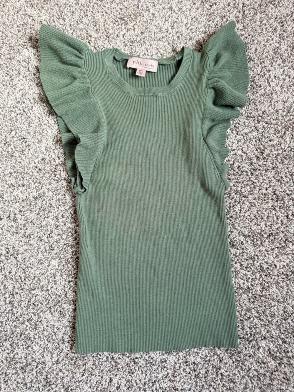 Philosophy Sage Green Ribbed Knit Top with Ruffle Shoulders